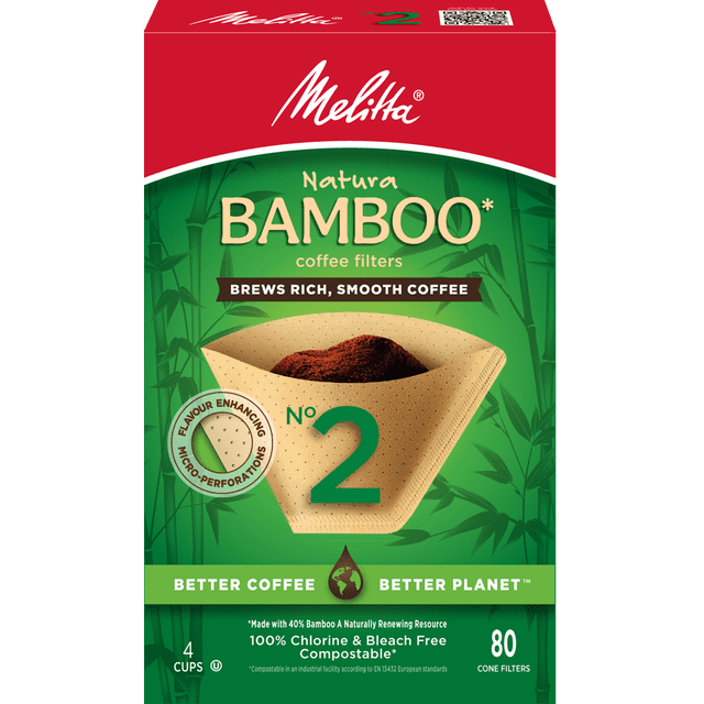 Melitta All Natural Bamboo Coffee Filters No 2 - 80 Ct box with green bamboo-themed packaging and red top, showing a cone-shaped filter filled with ground coffee, featuring patented flavour enhancing micro-perforations, designed for 4-cup coffee makers, made with 40% bamboo, chlorine and bleach free, compostable, containing 80 cone filters, also suitable for pour-over brewing.
