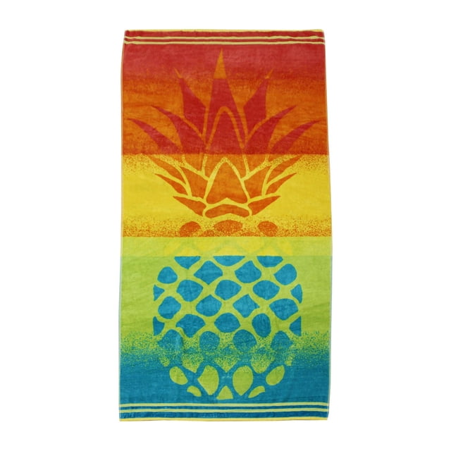 Hometrends Serviette de Plage en Jacquard Teint au Fil avec un Grand Motif d'Ananas en Rayures Dégradées de Rouge, orange, Jaune, Vert et Bleu, Fabriquée en 100 % Coton avec des Côtés en Velours Doux et en Éponge, Mesurant 38 par 72 Pouces, Dotée d'Une Boucle d'Accrochage et d'Un Tissu super Absorbant, Convient pour Sécher Ou Se Détendre à la Plage.