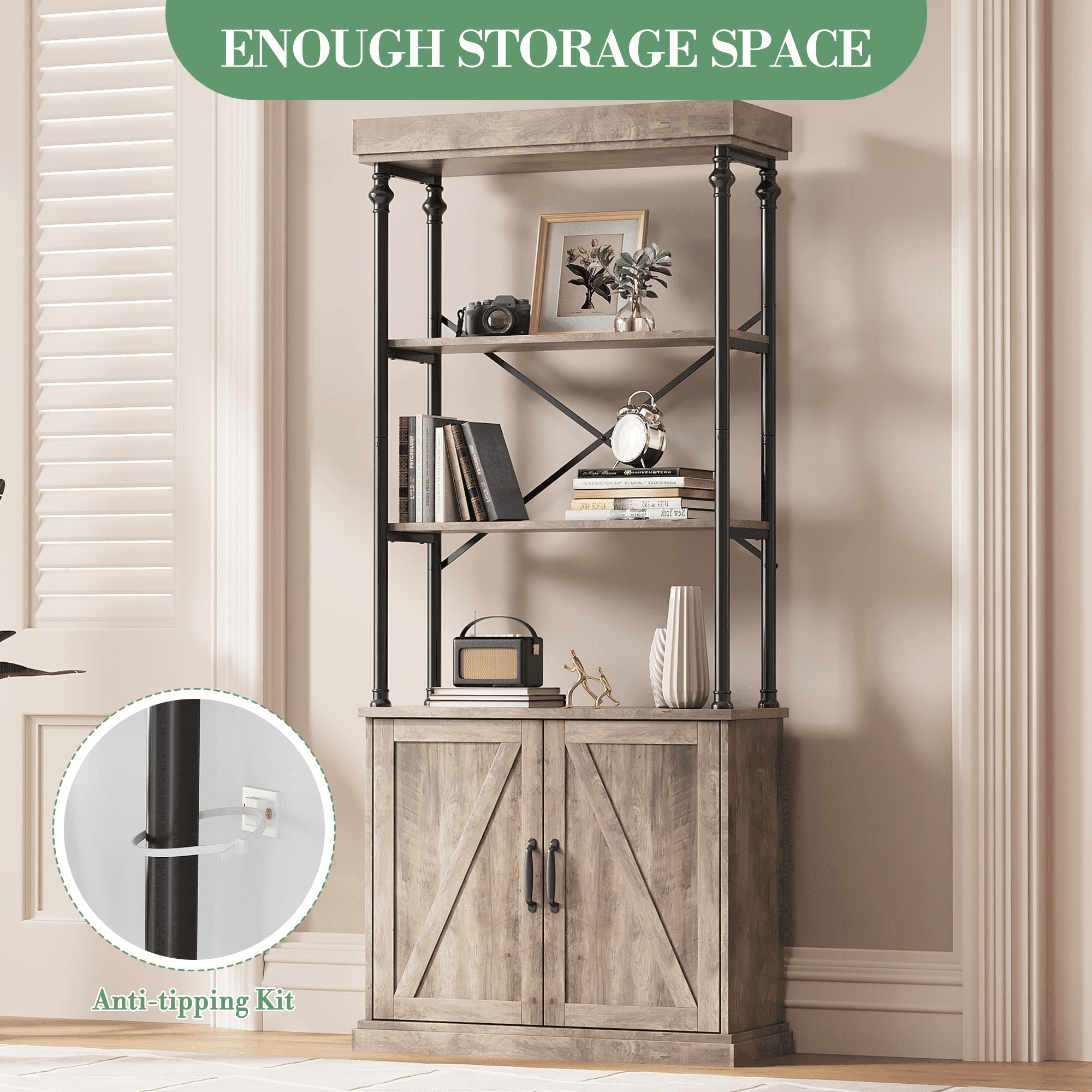 5-Tier Bookshelf and Bookcase, with Doors 73.62" Tall Floor Standing 5 Shelf Display Storage Shelves,Wood and Metal Bookcase, for Home Office, Living Room