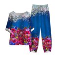 thumbnail image 2 of Mikilon Ensemble Élégant pour Femmes 2 Pcs Coton Lin Imprimé Manches Cinq-Quarts Col Rond + Pantalon Décontracté Bleu TP, 2 of 3