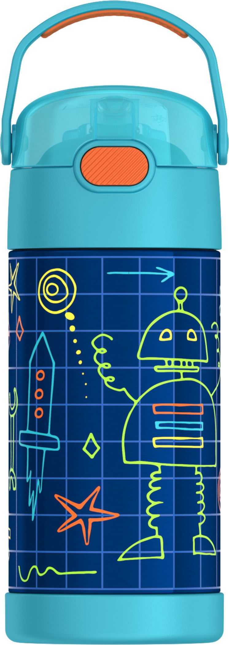 Bouteille isotherme Thermos Kids Funtainer en acier inoxydable de 355 ml avec paille rabattable, Robots