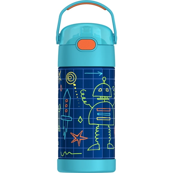 Thermos Kids Stainless Steel Vacuum Insulated Funtainer 12 Oz Water Bottle with Flip Up Straw, Robots, Back to School Supplies