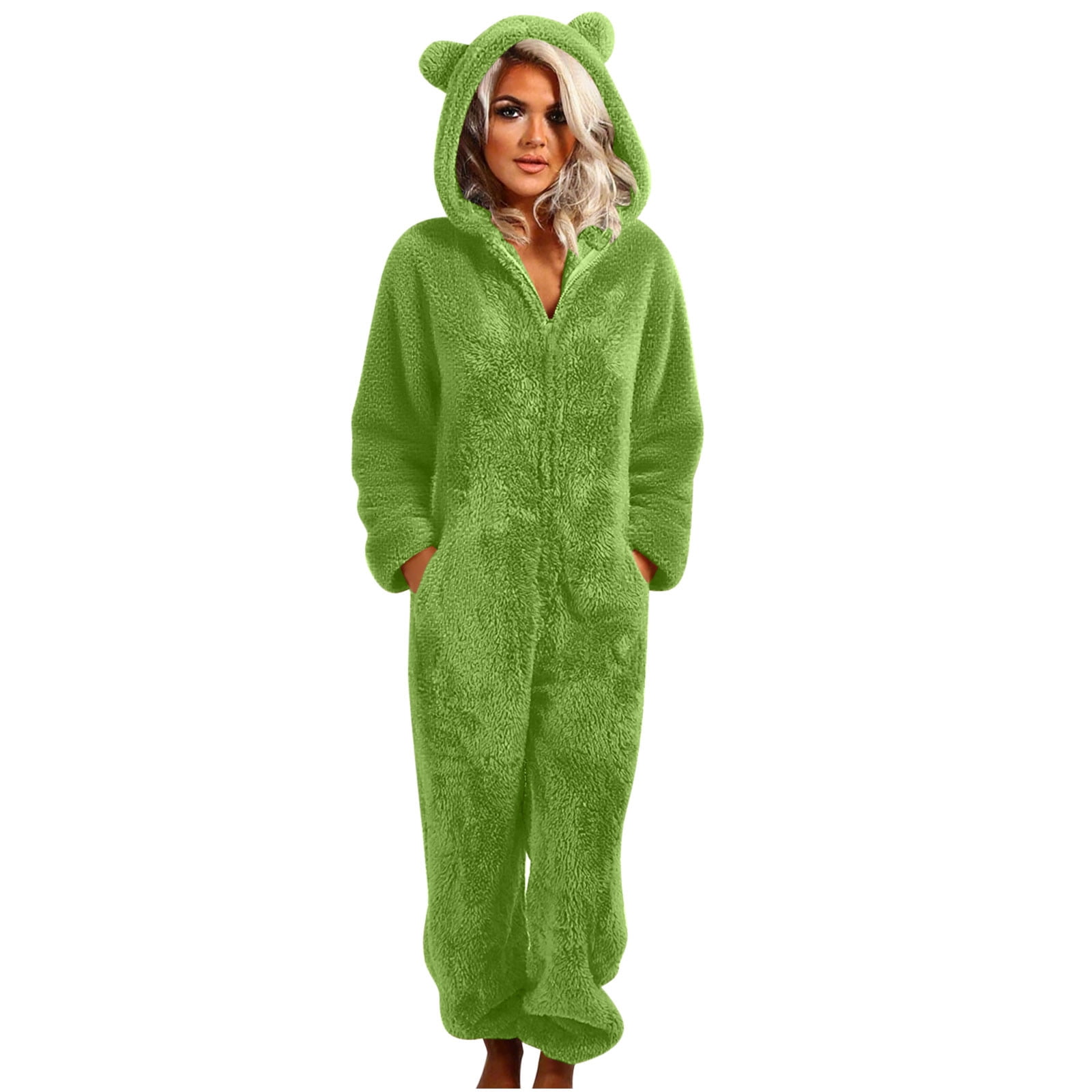 Women's Fuzzy Fleece Onesie Jumpsuit – Hooded Zip-Up Sherpa Romper