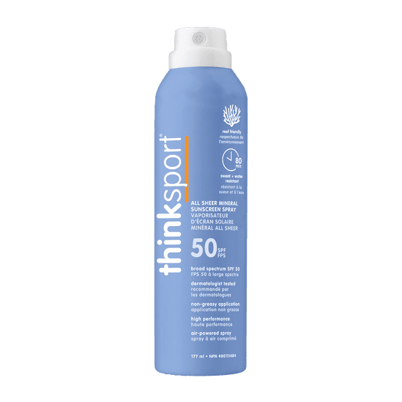 Thinksport Spray Sunscreen, All Sheer SPF 50 Zinc Oxide Mineral Sunscreen, 6 Fl Oz, Natural, Water Resistant, Reef Safe, Broad Spectrum UVA/UVB Sun Block for Sun Protection, Vegan