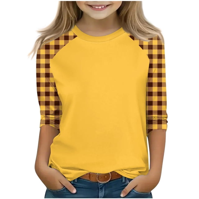 SERTG T-Shirt Mode Enfant Col Rond Manches 3/4 Imprimé Col Rond pour Été et Printemps 4-15 Ans (Jaune1,14 Ans)