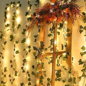 Aodebiao Solar String Light Outdoor Artificial Hanging Lights Fake Maple Leaf Green Rattan 50LED Decorative Wedding Patio Garden Lighting IP65 Waterproof