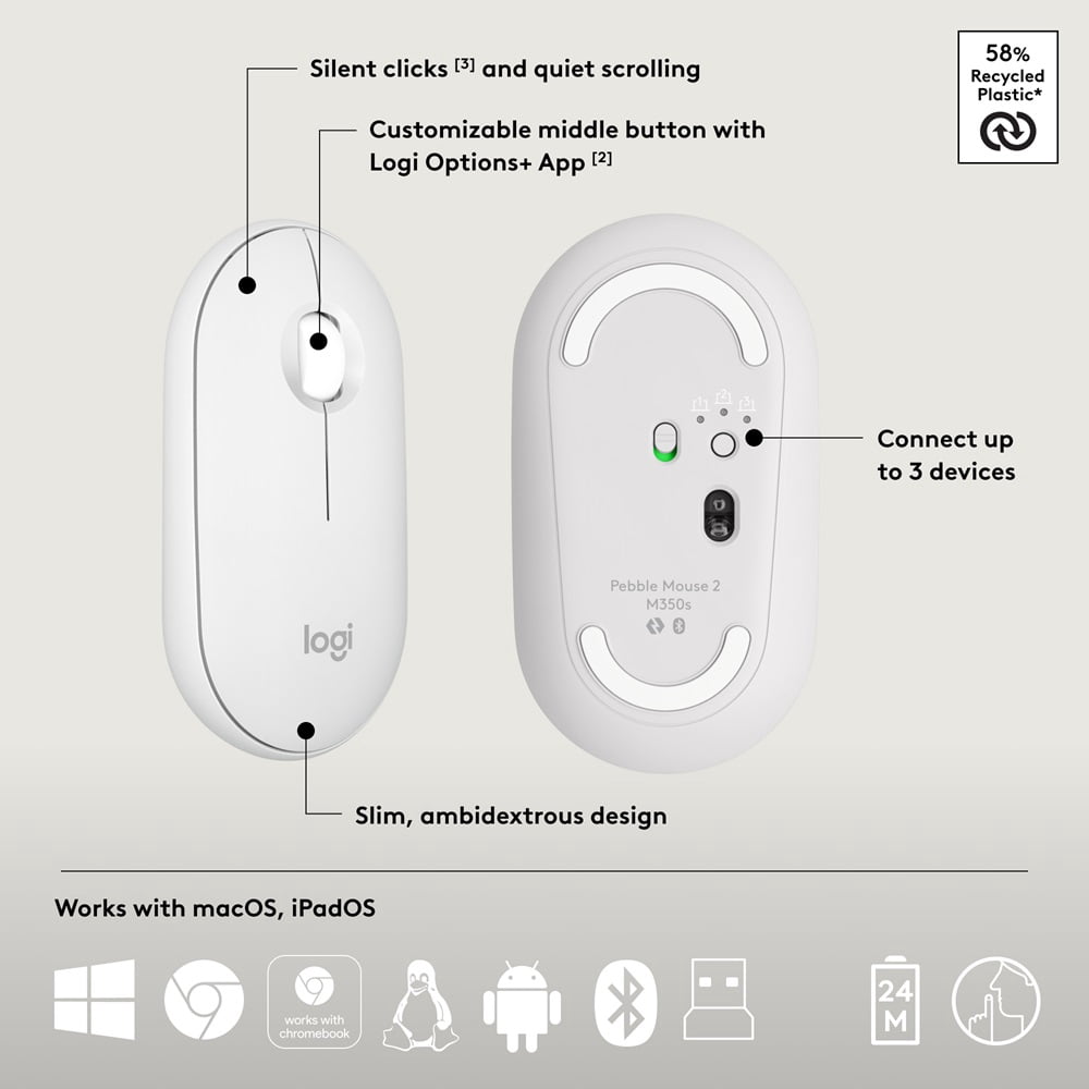 Logitech Pebble 2 Combo, Wireless Keyboard and Mouse, Quiet and Portable, Customizable - White