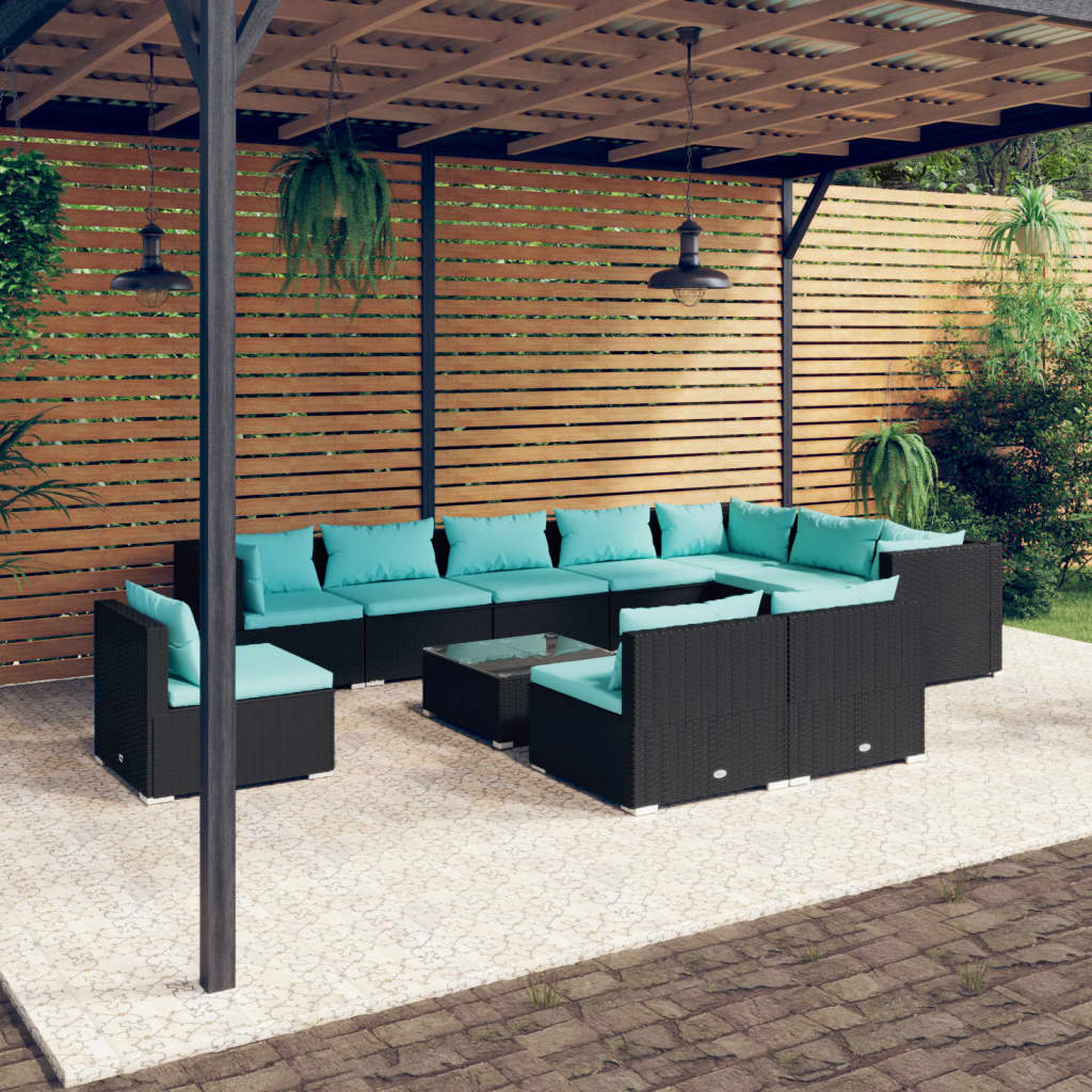 vidaXL 11 Piece Garden Lounge Set with Cushions Poly Rattan Black