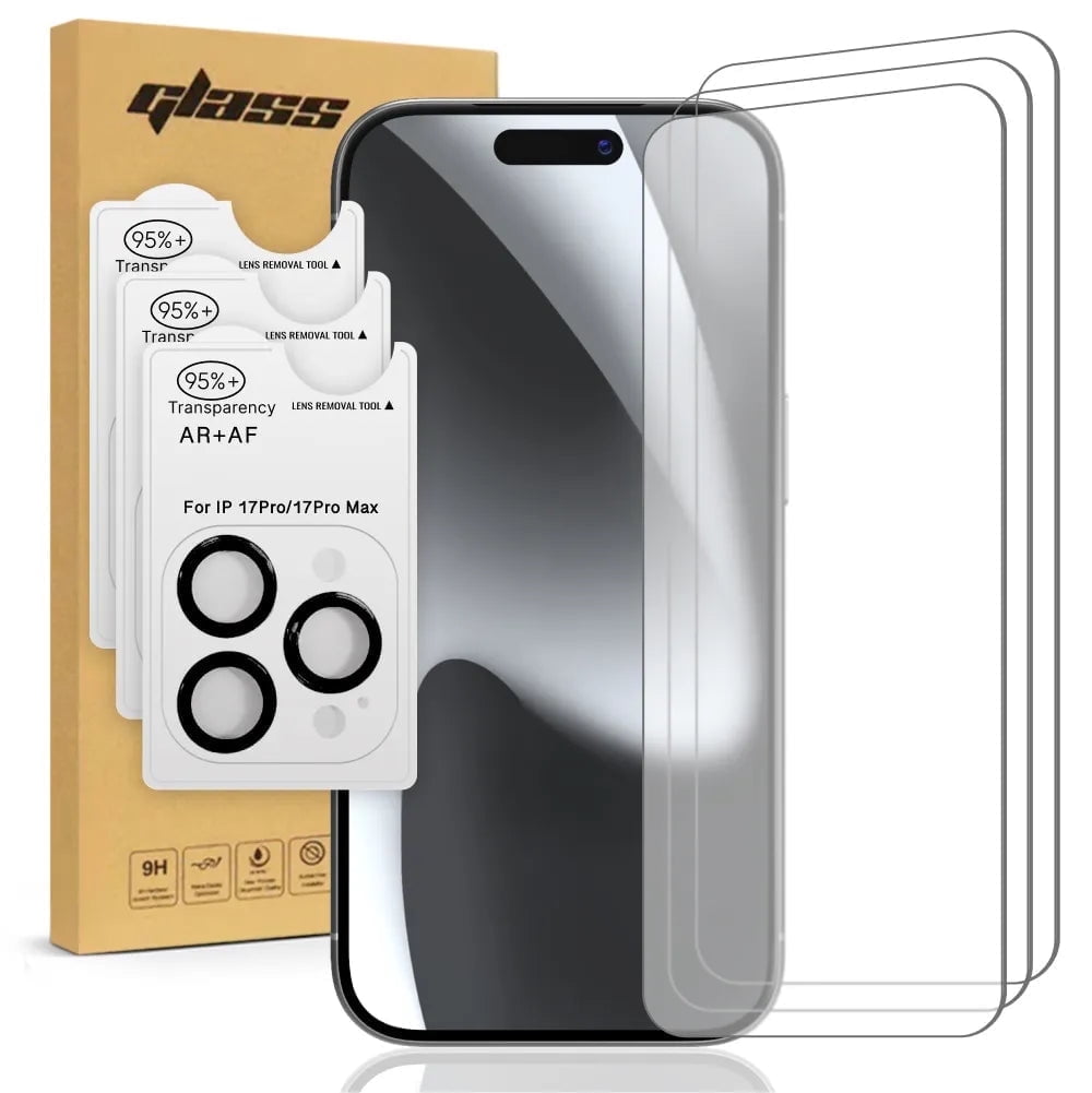 Apple iPhone 17 Pro Max Tempered Glass Screen Protector, 3 Screen Protectors + 3 Camera Lens Protectors