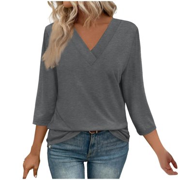 Kaemgyyd Summer Tops for Women Soft Solid Color V Neck Basic Tees Loose 3/4 Sleeve Work Business Casual T-Shirts