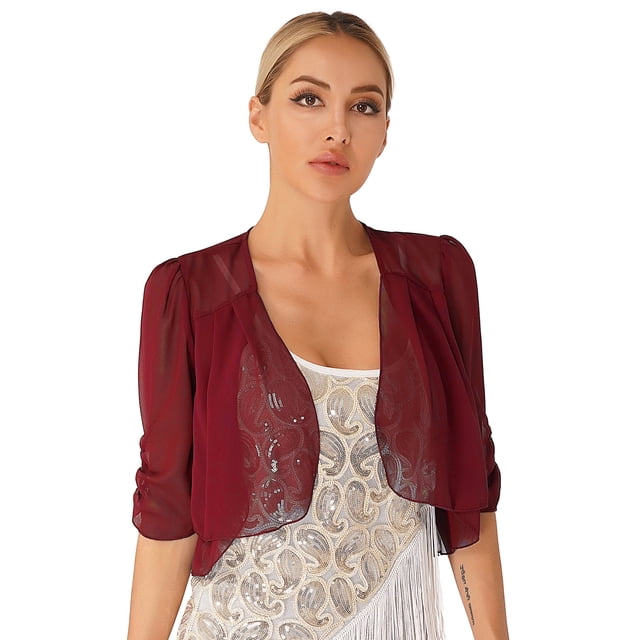 Women's Half Sleeve Ruffle Sheer Shrug Bolero Cardigan Summer Open Front Chiffon Blouses Tops Burgundy S