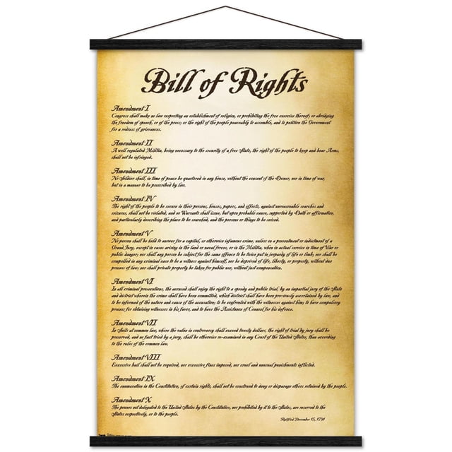 Les États-Unis d'Amérique - Affiche Murale de la Déclaration des Droits, 22,375 Pouces x 34 Pouces, Montrant les Dix Premiers Amendements à la Constitution des États-Unis en Écriture Noire sur une Affiche Brillante de Style Parchemin avec des Barres Noires en Bois en Haut et en Bas et une Fine Corde Suspendue Noire, Convient à un Usage Éducatif Ou Décoratif dans les Maisons, les Bureaux Ou les Salles de Classe.