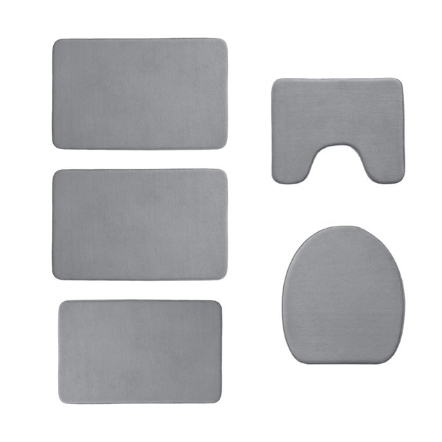 zanvin Bath Mat Memory Foam Bath Mat 5 Set Bathroom Rugs in grey, featuring five pieces including two rectangular bath mats, a U-shaped toilet mat, a square bath floor mat, and a toilet seat cover. Made of velvet fleece with memory foam and a non-slip rubber backing, these mats are water-absorbent, machine washable, and quick-drying. Ideal for modern bathroom decor and suitable as gifts for various occasions.