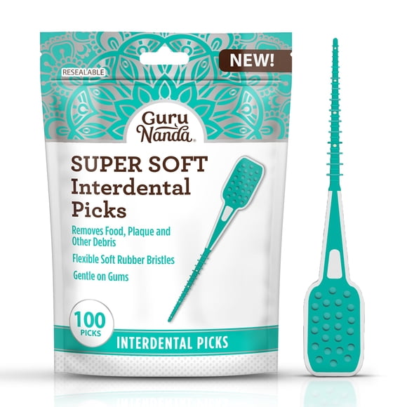 GuruNanda Interdental Picks (Pack of 100), Super Soft & Flexible Rubber Bristles, Dental Floss Picks to Remove Food Debris, Plaque & Go Gentle on Gums