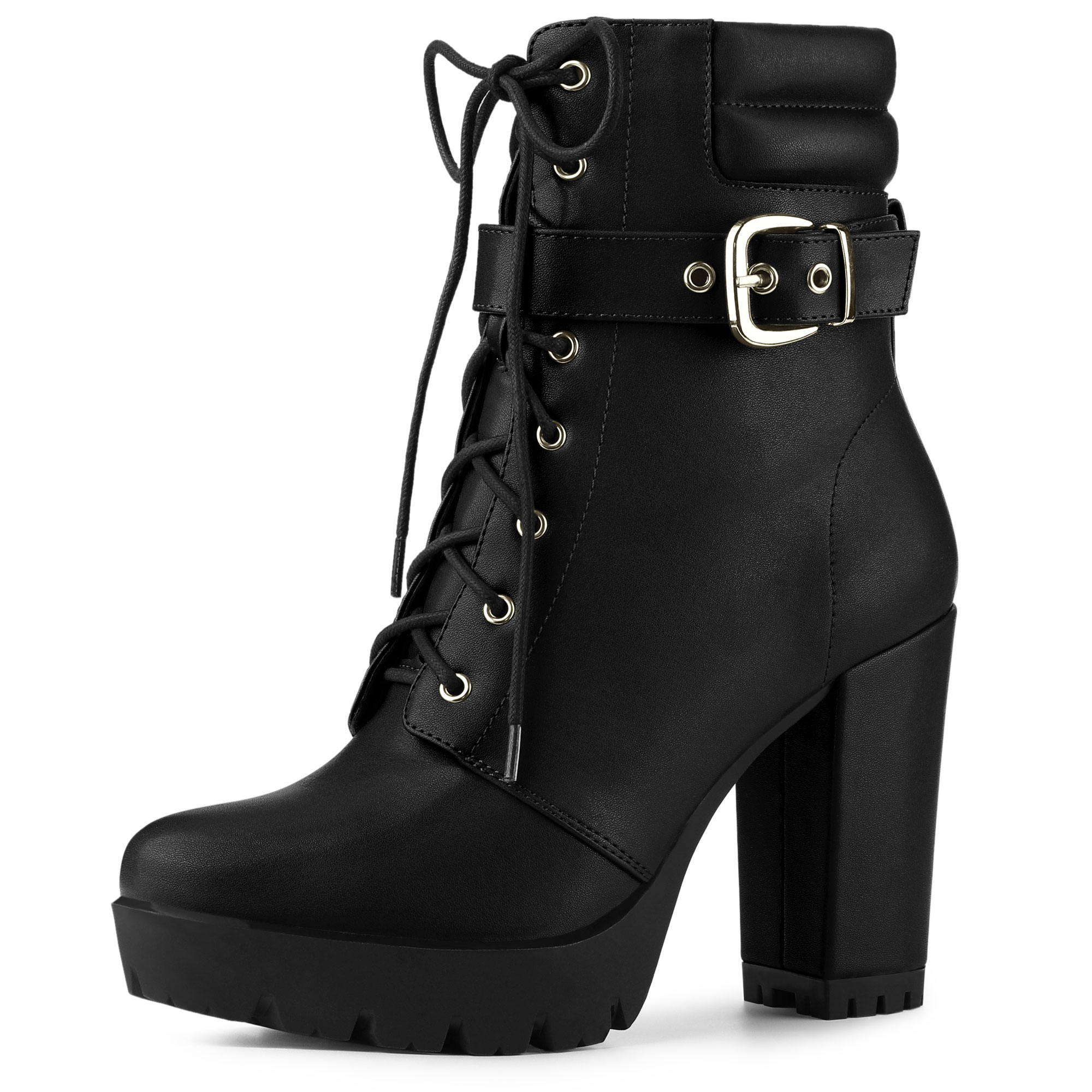 BLISSFUL STEP Bottines à Talons Épais à Plateforme pour Femmes avec Boucle et Laçage