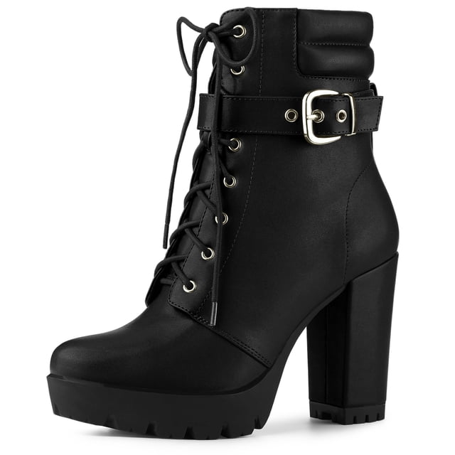 BLISSFUL STEP Bottines à Talons Épais à Plateforme pour Femmes avec Boucle et Laçage