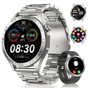 Smart Watch for Men(Réponse/Appels au cadran), 1.43'' AMOLED/100 Modes sportifs, 5ATM Montre de fitness imperméable avec Fitness Tracking pour Android et iOS Smartwatch Silver Steel