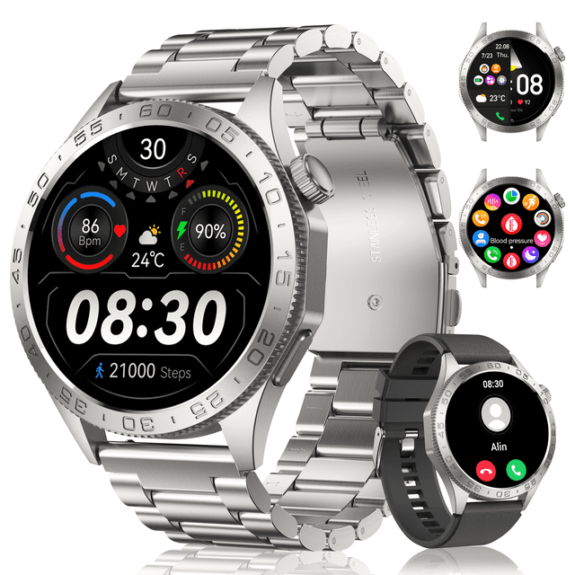 Smart Watch for Men(Answer/Dial Calls), 1.43'' AMOLED/100 Sports Modes, 5ATM Waterproof Fitness Watch with Fitness Tracking Fits for Android and iOS Smartwatch Silver Steel