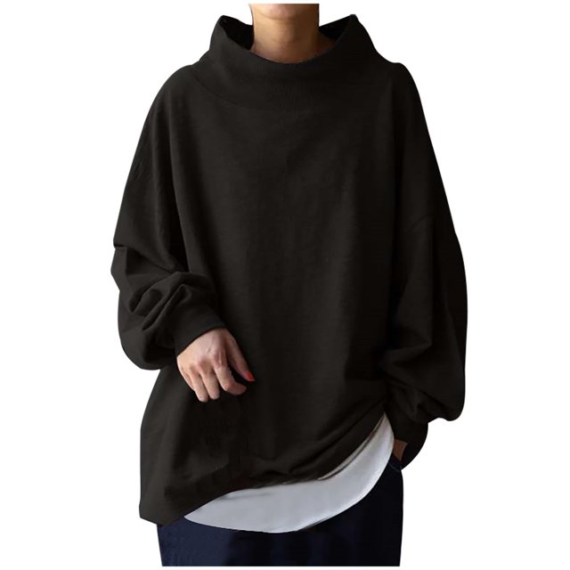 Timegard Hauts Grande Taille pour Femmes Col Haut Épaules Tombantes Manches Longues Confortables Pull-Over Mode Automne