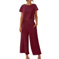 thumbnail image 1 of zanvin Ensembles 2 Pcs pour Femmes, Ensembles Assortis d'Été 2 Pcs pour Détente pour Femmes, Tenues Unies en Lin, Hauts à Col Rond à Manches Courtes et Pantalons Longs, Survêtements, 1 of 4