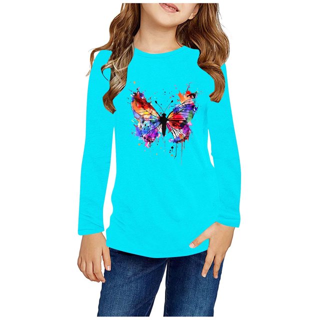 RXIRUCGD Chemises à Manches Longues pour Filles, Col Rond Mignon, Blouses Décontractées Élégantes (Bleu Clair, Taille : 7 Ans)
