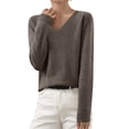 thumbnail image 2 of yoeyez Chandails Légers pour Femmes à Manches Longues Col Ras du Cou Chandail Uni Chandail Léger Doux Tricoté Hauts Bas d'Automne Café L, 2 of 5