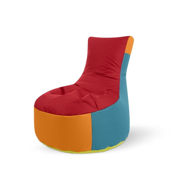 Gouchee Home Swing Harlekin Multicolored Bean Bag Chair with high backrest, crafted from water-repellent polyester oxford fabric in red, orange, blue, and lime green panels, filled with Canadian virgin polystyrene beads for body-conforming support, lightweight and portable seating ideal for adults and teens in living rooms or playrooms.