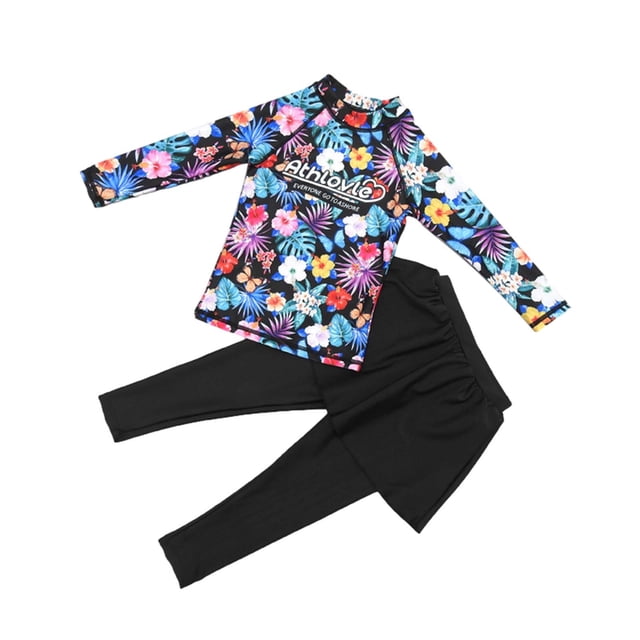 Zwiiyzr 2025 Filles Enfants Maillot de Bain 2 Pcs Imprimé Floral Haut anti-UV à Manches Longues et Pantalon Long avec Jupe Combinaison anti-UV Protection Uv Tenue de Plage Maillot de Bain 3-11 Ans Noir