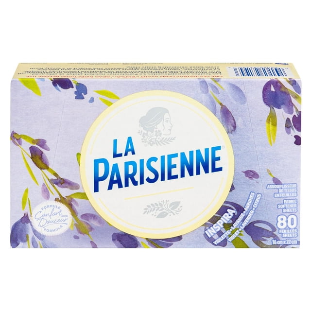 La Parisienne Inspira Sheets Fabric Softener box with 80 lavender-scented fabric softener sheets sized 16 cm by 22 cm, featuring a purple floral design and formulated to soften fabrics and reduce static cling.