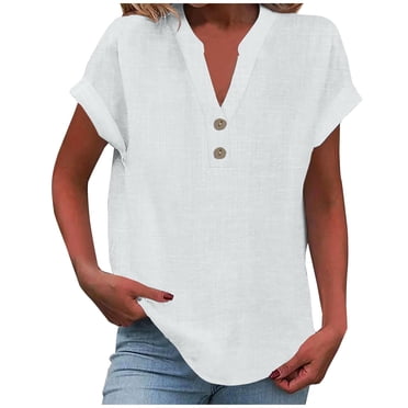 cfhntfmh Chemise pour Femmes à Boutons en Coton et Lin, Blouses à Manches Courtes, Col en V, Col Chemise, Hauts d'Été Décontractés pour la Plage