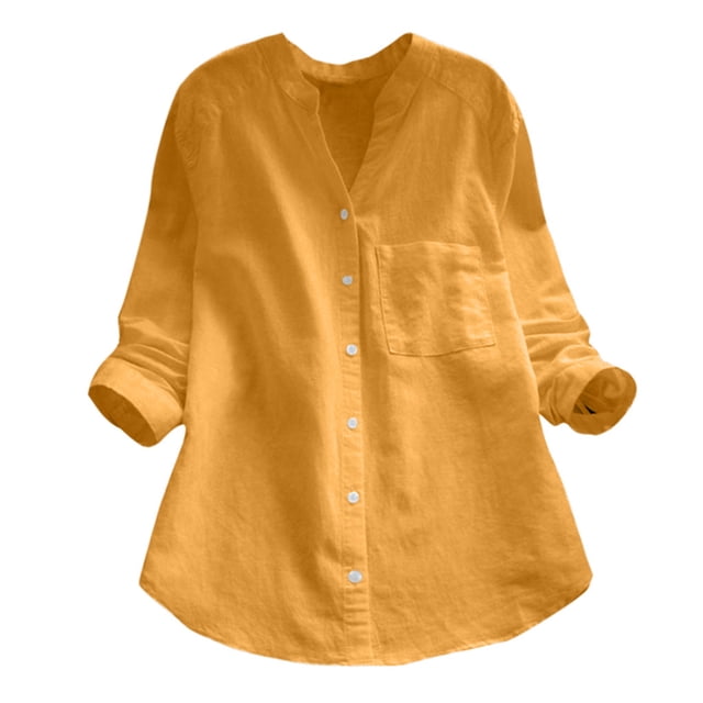 Chemise Blouse Décontractée pour Femmes en Coton et Lin Uni à Manches Longues, Boutonnée