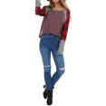 thumbnail image 3 of Women Plaid Stripe Print Colorblock Crew Neck Long Sleeve Pullover Shirt, 3 of 5