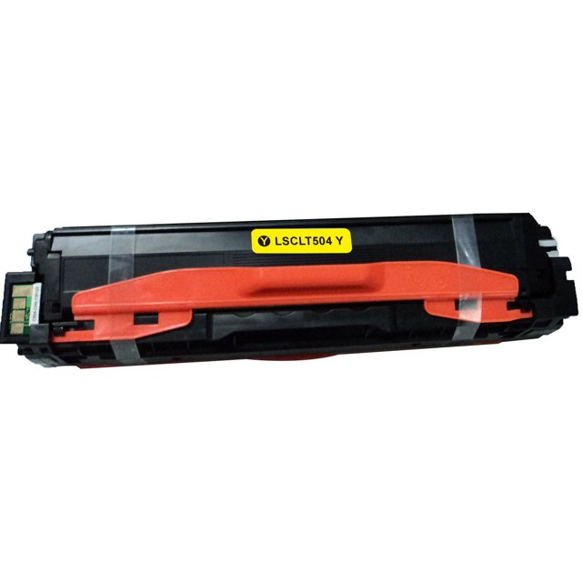 L-ink Compatible Samsung CLT-Y504S Yellow Toner Cartridge with black rectangular body and orange handle, labeled 'LSCLT504 Y' and equipped with an electronic chip. Compatible with Samsung CLP415NW and CLX4195FW printers, it offers sharp, smudge-free prints and an 1800 page yield, ideal for economical laser printing needs.