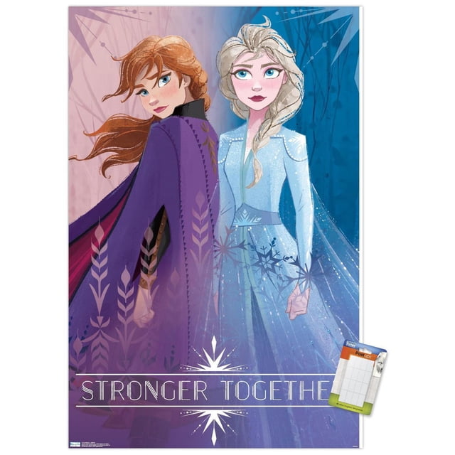 Disney Frozen 2 - Sisters Wall Poster, 22.375" x 34" featuring stylized illustration of two sisters back to back. One wears a purple cloak with leaf patterns, the other a light blue dress with snowflake designs and a sheer cape. The background blends purple and blue with "Stronger Together" text at the bottom, suitable for bedroom or kid's room wall decor.