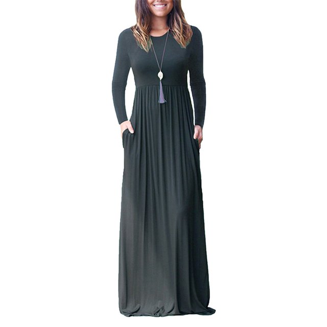 UKAP Ladies Dress Crew Neck Maxi Dresses Solid Color Swing Party Dark Gray XS