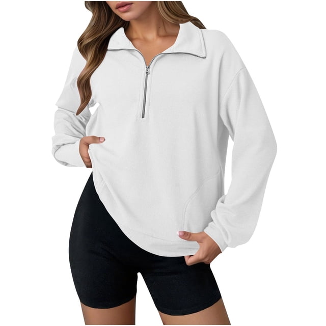 Erwazi Womens Half Zip Pullover Top Waffle Long Sleeve Lapel Functional Pocket Work To Weekend Versatile Blouses