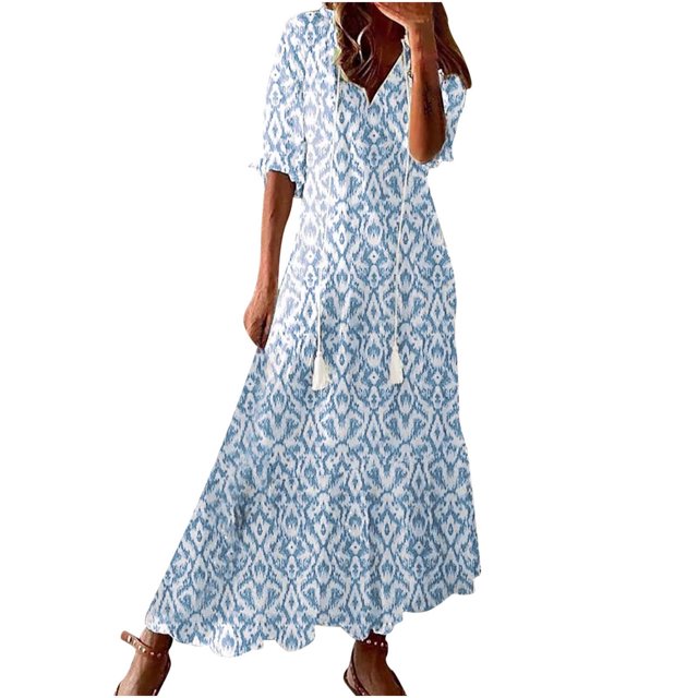 Penkiiy Women Boho Summer Dress 2024 Frill Short Sleeve Tassel V Neck Ruffle Flowy A-Line Maxi Dresses L Sky Blue