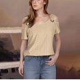 thumbnail image 2 of fheaev Hauts d'Été pour Femmes Épaules Dénudées Manches Courtes Dentelle Patchwork Col Rond Tunique Ample Blouses T-Shirt Décontracté Chic Vacances Travail, 2 of 7