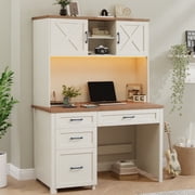 Vabches Bureau exécutif avec Hutch & Station de recharge & LED Lumières, bureau d'ordinateur de ferme avec étagères réglables et tiroirs de fichiers
