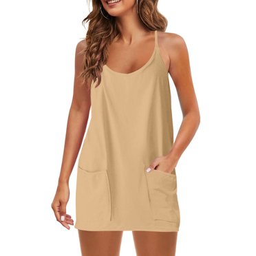Weiqiqre Robes d'Été Décontractées pour Femmes Robe d'Été Sans Manches Mini Col en V à Bretelles Spaghetti Robe de Plage Robe Courte Athlétique avec Poches