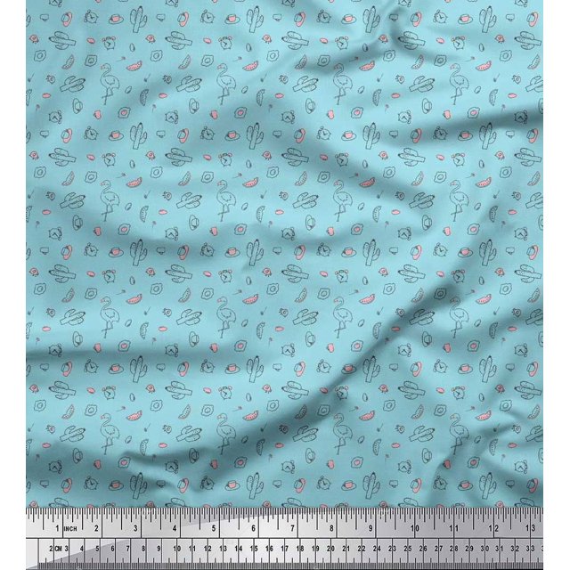 Soimoi Poly Georgette Fabric Cactus,Alarm Clock & Flamingo Shirting Decor Fabric Printed Yard 52 Inch Wide