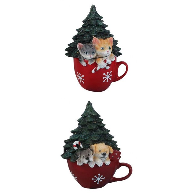 yuksok 2 Pcs Statue Sculpture Lumineuse de Noël à DEL Décoration de Maison de Noël avec Deux figurines en Résine. Chaque figurine Représente une Scène festive avec une Tasse Rouge Ornée de Motifs de Flocons de Neige Blancs, un Sapin de Noël Vert et de Petits Animaux Qui Jappent. une figurine Montrant Deux Chatons, l'Autre Présentant Trois Chiots. des Lumières à DEL Intégrées Renforcent l'Atmosphère festive. Fabriquée en Résine durable, Ces Décorations Multicolores Conviennent à une Utilisation Intérieure Ou Extérieure, comme sur les Étagères, les tables Ou les Bureaux. Idéal pour Noël, les Anniversaires Ou