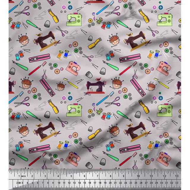 Soimoi Poly Georgette Fabric Scissor,Buttons & Machine Sewing Print Fabric by Yard 42 Inch Wide
