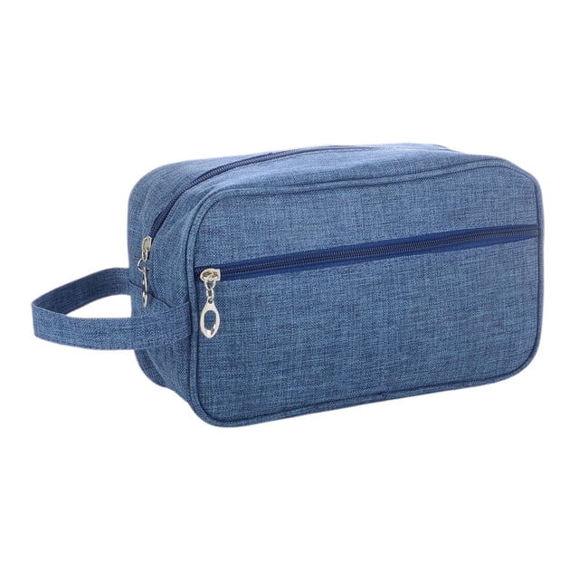 Mens Toiletry Bag Travel Wash Pouch Large Capacity Outdoor Makeup Bag in a rectangular shape, made of lightweight 190D nylon material in a blue colour. Features a main compartment with a zipper closure, an additional front zipper pocket, and a side handle for easy carrying. Dimensions are 26x15x10 cm (10.24x5.91x3.94 inches). Suitable for organizing toiletries, cosmetics, and travel essentials.