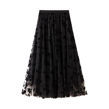 Jovati Women's Long Tulle Tutu Skirt with 3D Flower Embroidery, Solid Color High Waist Mesh Midi Swing Skirt
