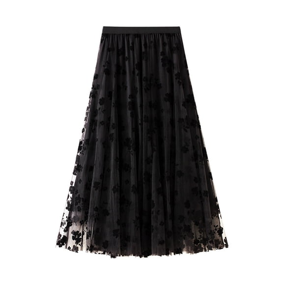 Jovati Women's Long Tulle Tutu Skirt with 3D Flower Embroidery, Solid Color High Waist Mesh Midi Swing Skirt