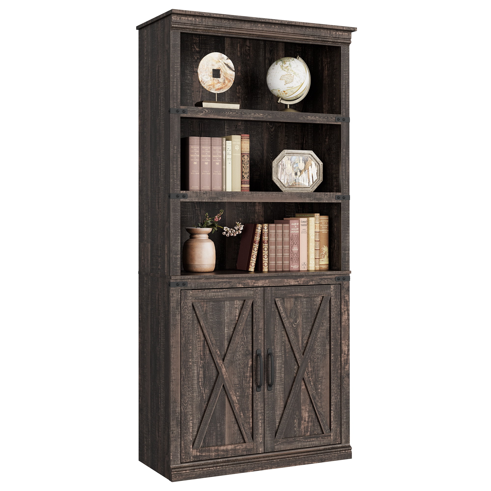 Vintage Bookcase with 2 Doors, Book Case with Cabinet & Open Shelf, Freestanding Storage Book Case, Modern Bookcase, for Home Office Living Room