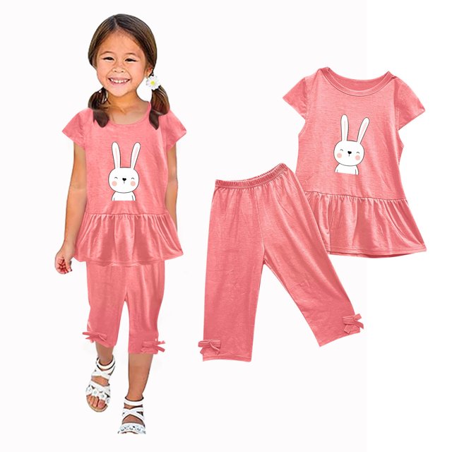 Chemises pour Filles, Ensemble Deux Pièces Été Col Rond Petit Imprimé Manches Courtes Manches Volantes Taille Élastique Pantalon Court