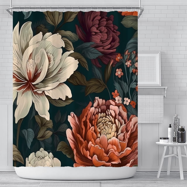 PANDACO Rideau de Douche en Tissu Everglade (180 cm x 180 cm) (72 Pouces x 72 Pouces) Exposé dans une Salle de Bain Contemporaine. le Rideau Présente un Motif floral Frappant avec de Grandes Fleurs en Teintes Crème, Bourgogne et orange sur un Fond Foncé, Parfait pour Rehausser la Déco de la Salle de Bain. Fabriqué en Tissu Résistant à l'Eau avec des Oeillets en Acier Inoxydable Résistants à la Rouille, Il Comprend des Crochets en Plastique et Ne Nécessite Pas de Doublure Séparée.