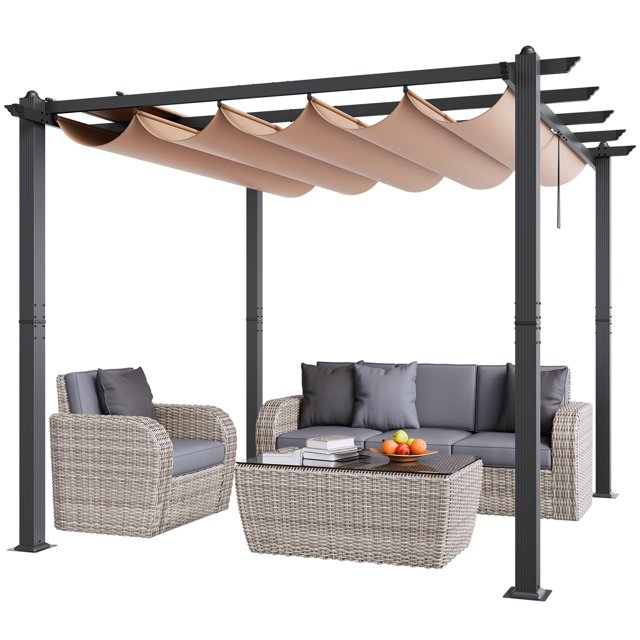 VEVOR Pergola Rétractable Extérieure 10'x10 Pieds avec Auvent Pare-Soleil Aluminium Beige